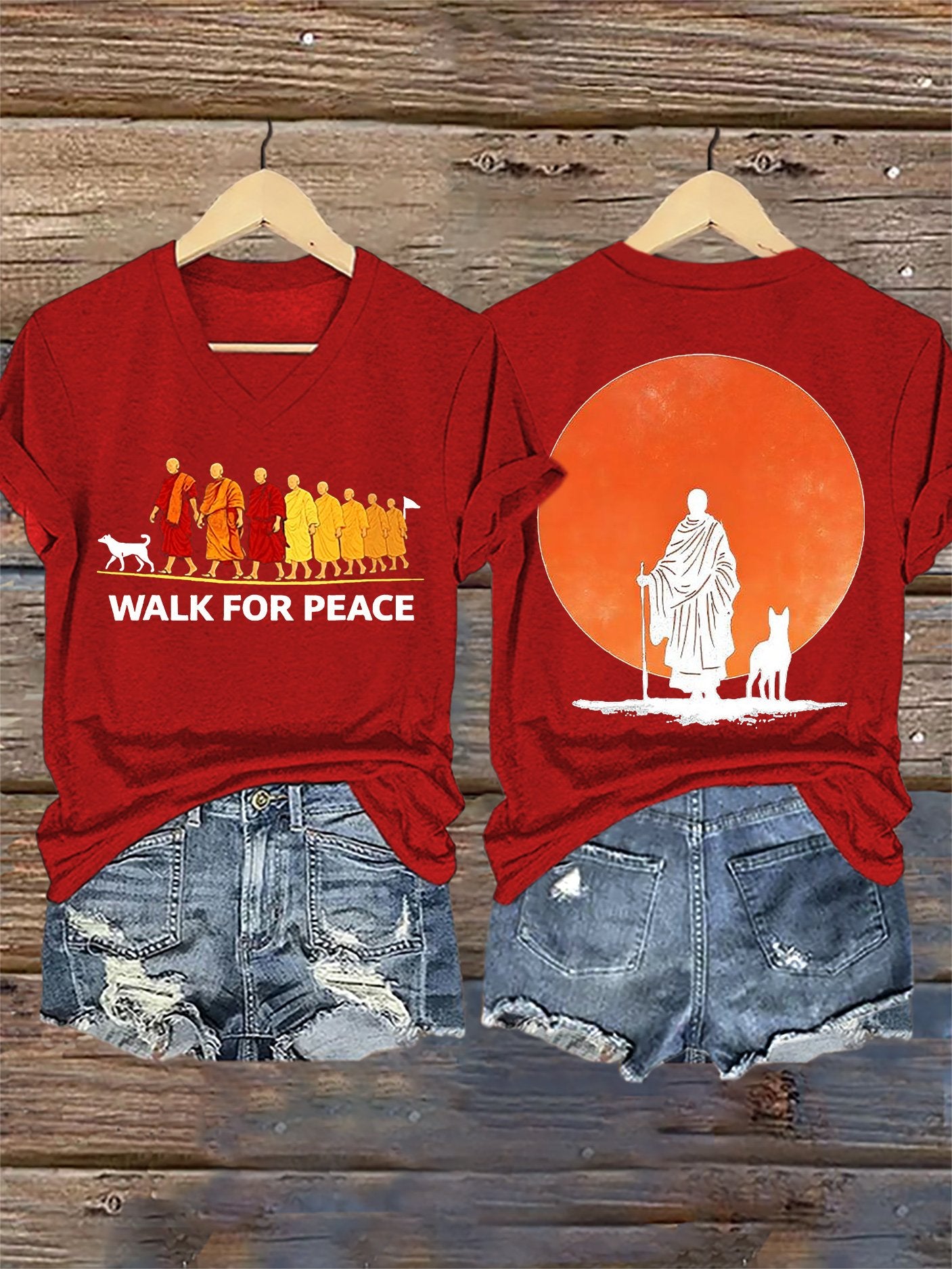 V-Neck Retro Walk For Peace Monks With Aloka Dog Print T-Shirt