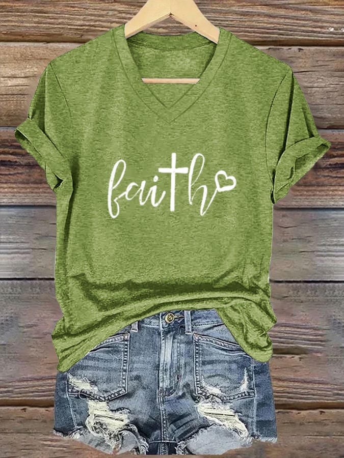 Women's Faith Cross Print Casual V-Neck T-Shirt