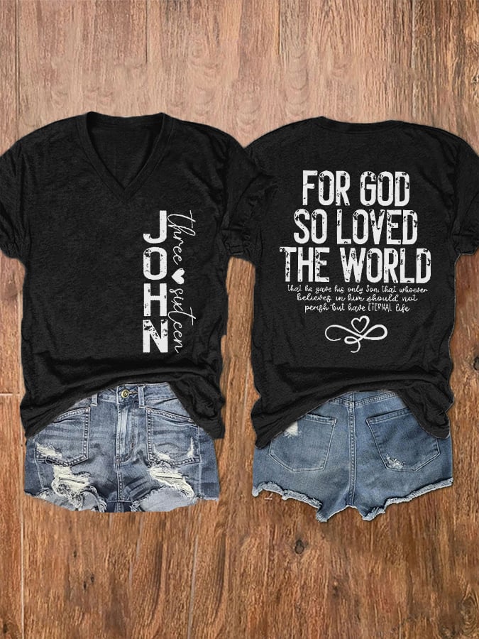 Women's John 3:16 For God So Loved The World Printed V-Neck T-Shirt