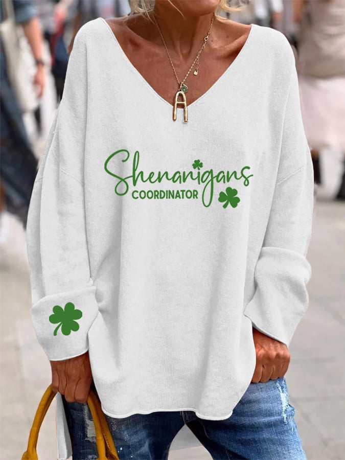 Women's St. Patrick's Day "Shenanigans Coordinator" Printed V-Neck Long Sleeve Top