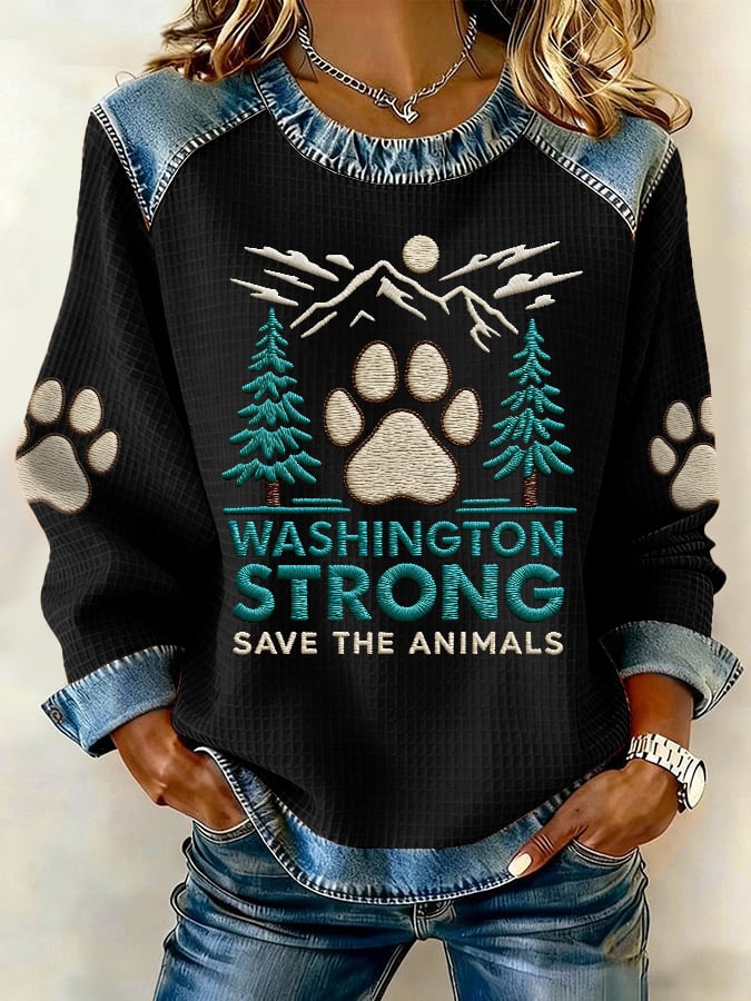 Retro Washington Strong Save The Animals Print Sweatshirt