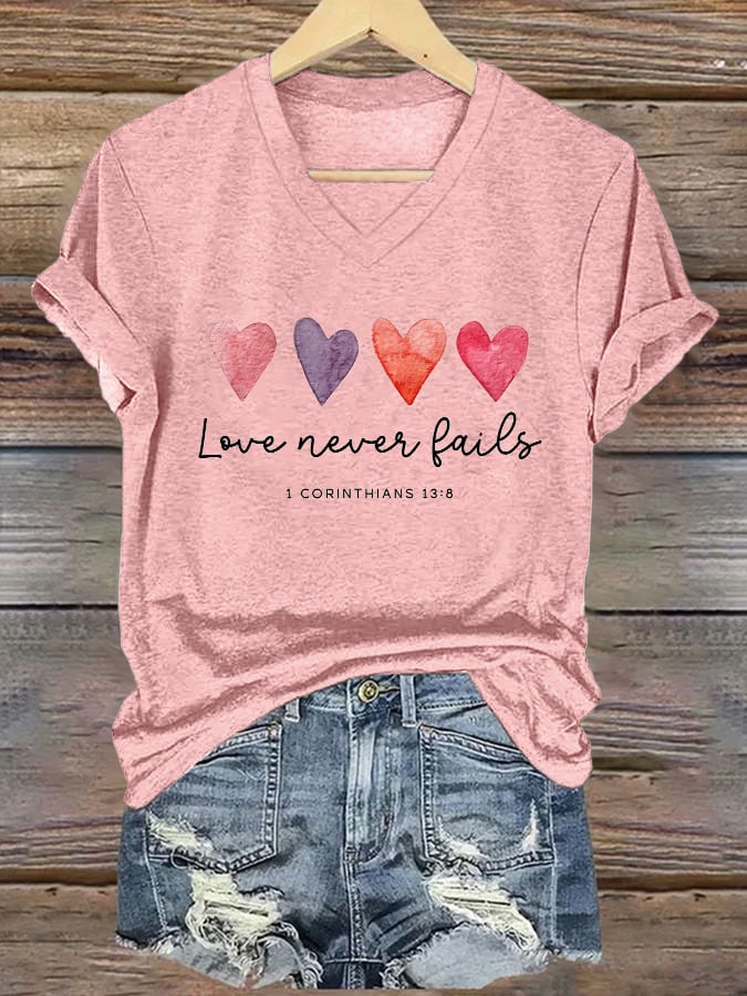 Women's Love Never Fails Printed Casual V-Neck T-Shirt