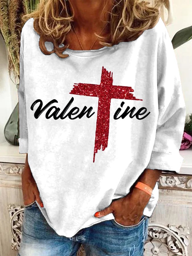Women's Christian Valentine's Day Cross Printed Sweatshirt