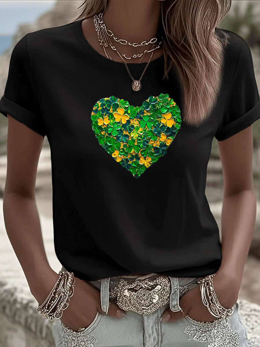 St. Patrick'S Day Heart Pattern Round-Neck 100% Cotton 180g T-Shirt