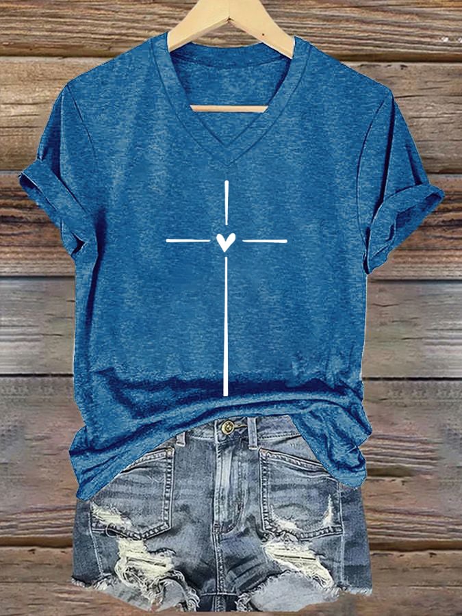 Women's Christian Faith Cross Printed V-Neck Short Sleeve T-Shirt