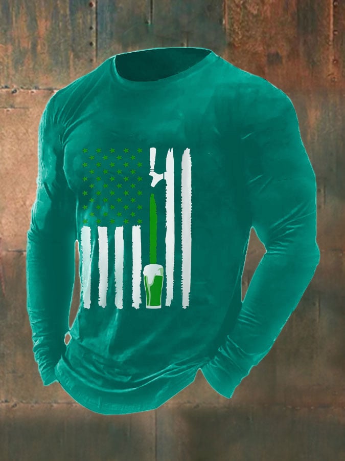Men's Funny Green Beer Flag St. Patrick's Day Print Casual Long-Sleeve T-Shirt