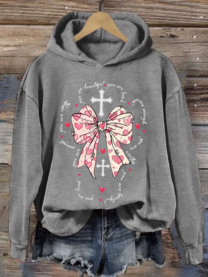 Women's You Are Enough,Loved,Worthy,Valentines Day Christian Print Hooded Sweatshirt