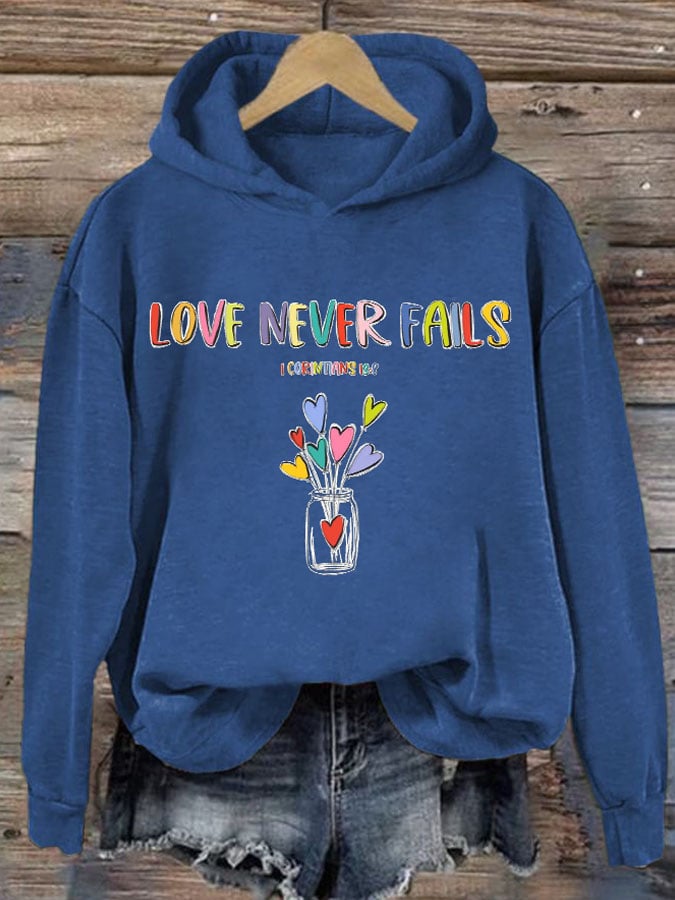 Women's Love Never Fails Heart Print Casual Sweatshirt