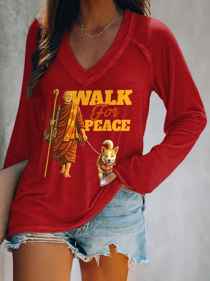 V-neck Retro Walk For Peace Monks With Aloka Dog Print T-Shirt