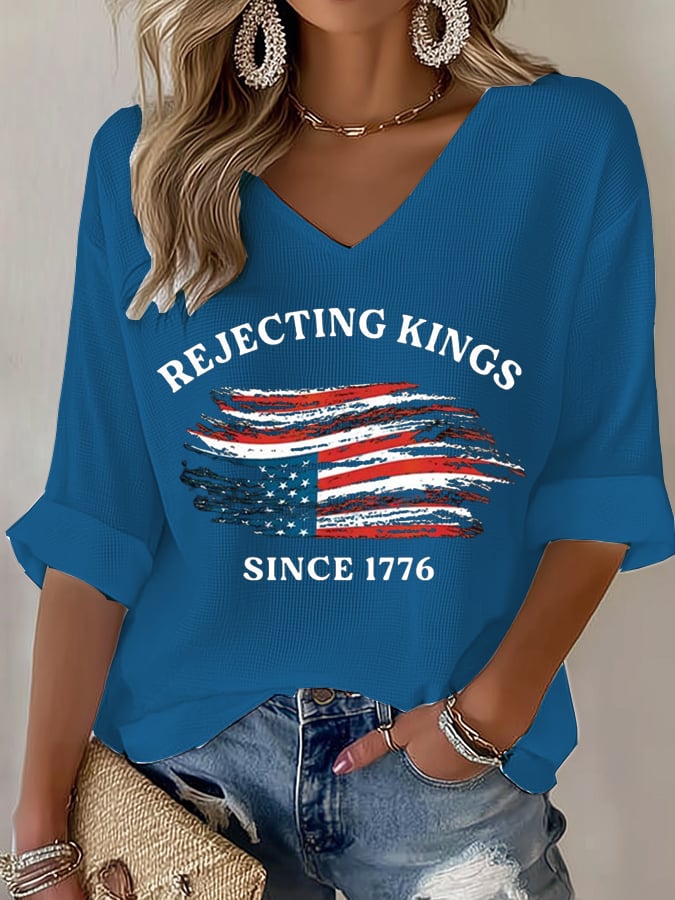 🔥Buy 3 Get 15% Off🔥Women's No Kings In America Printed Casual Waffle T-Shirt