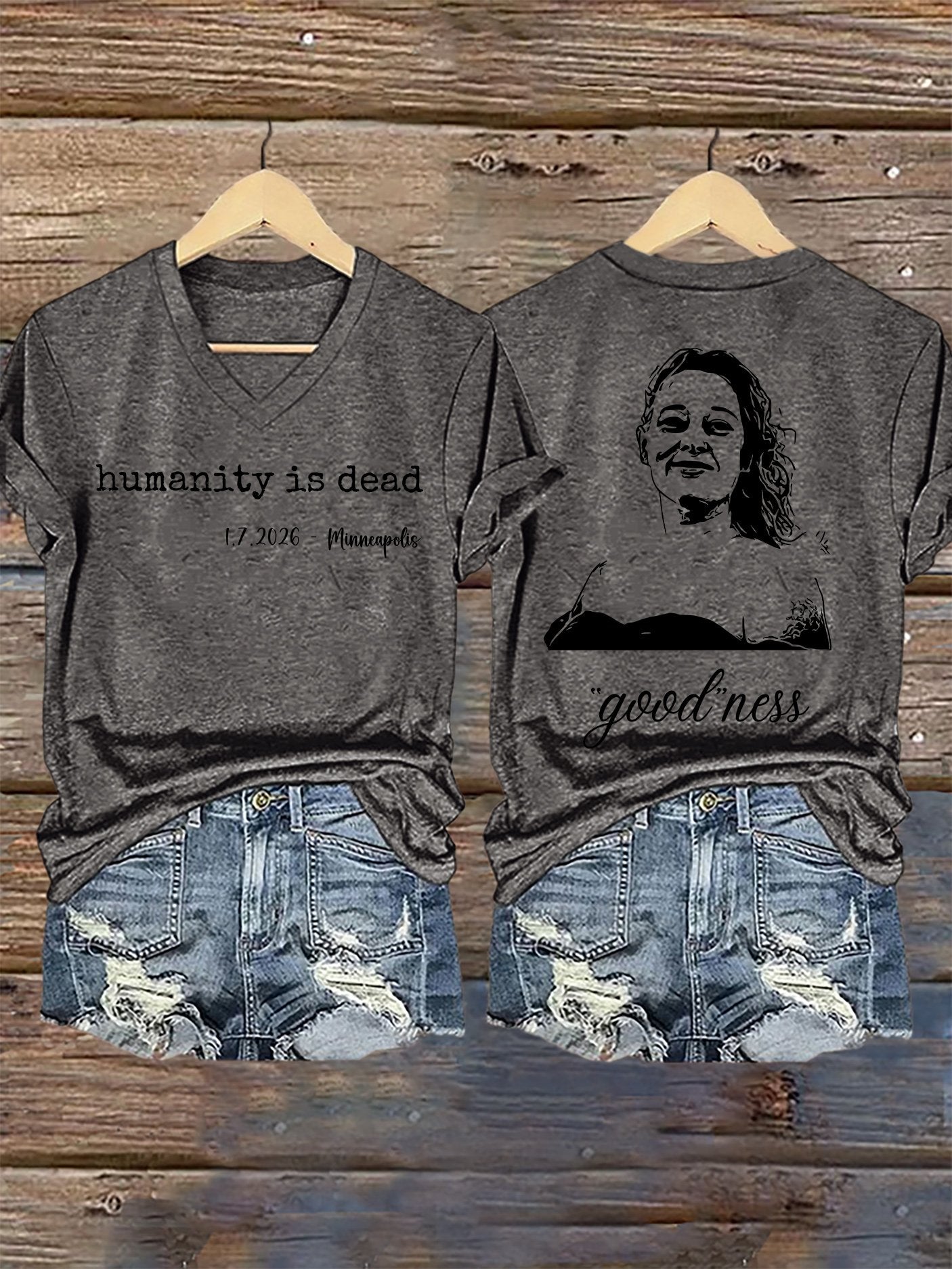 V-Neck Retro Humanity Is Dead 1.7.2026 Minneapolis Goodness Print T-Shirt