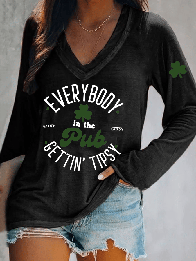 Women's Everybody In The Pub Getting Tipsy St. Patrick's Day Print V-Neck T-Shirt