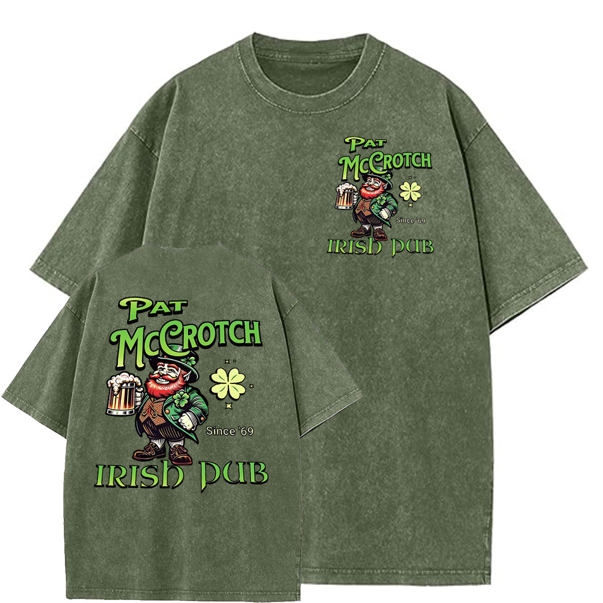St.Patrick's Day Print Pattern Washed Distressed Crew Neck 100% Cototon T-Shirt
