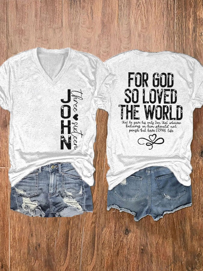 Women's John 3:16 For God So Loved The World Printed V-Neck T-Shirt