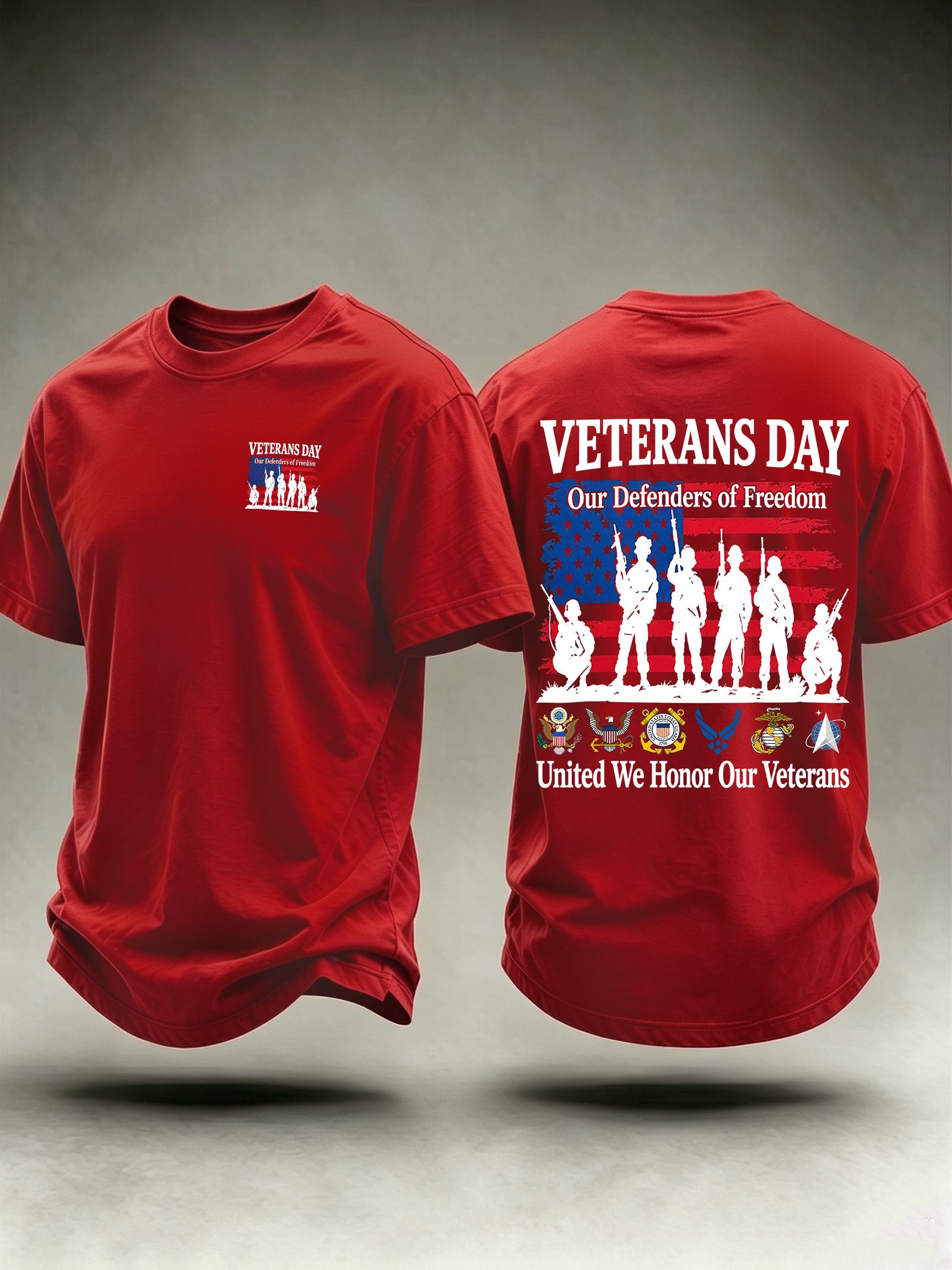 Men's Veterans Day Shirt, Our Defenders of Freedom American Flag and Soldier Silhouettes