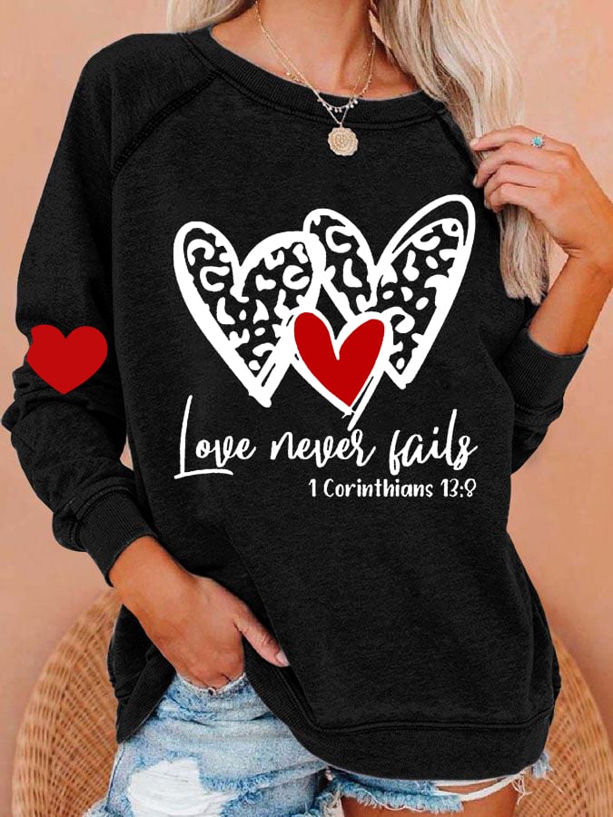 Women's Love Never Fails Heart Print Round Neck Sweatshirt