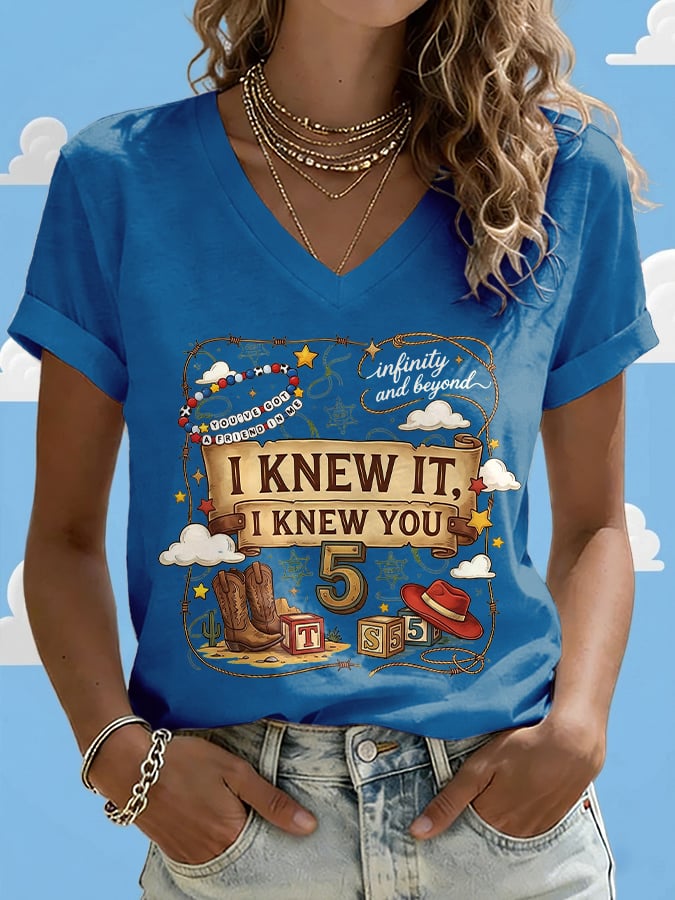 V-Neck Retro I Knew It Print T-Shirt