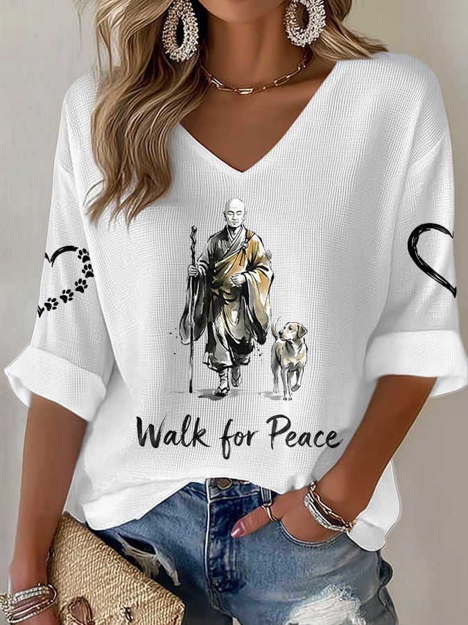 V-Neck Retro Walk For Peace Monks With Aloka Dog Print T-Shirt