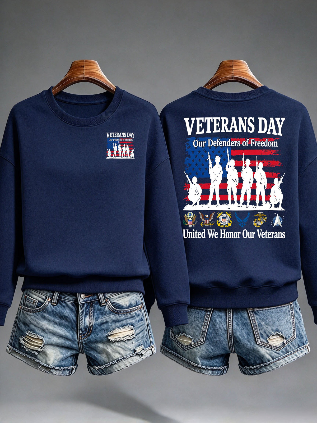 Women's Veterans Day Sweatshirt, Our Defenders of Freedom American Flag and Soldier Silhouettes