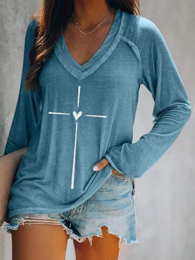 Women's Faith Cross Printed Casual Long Sleeve T-Shirt