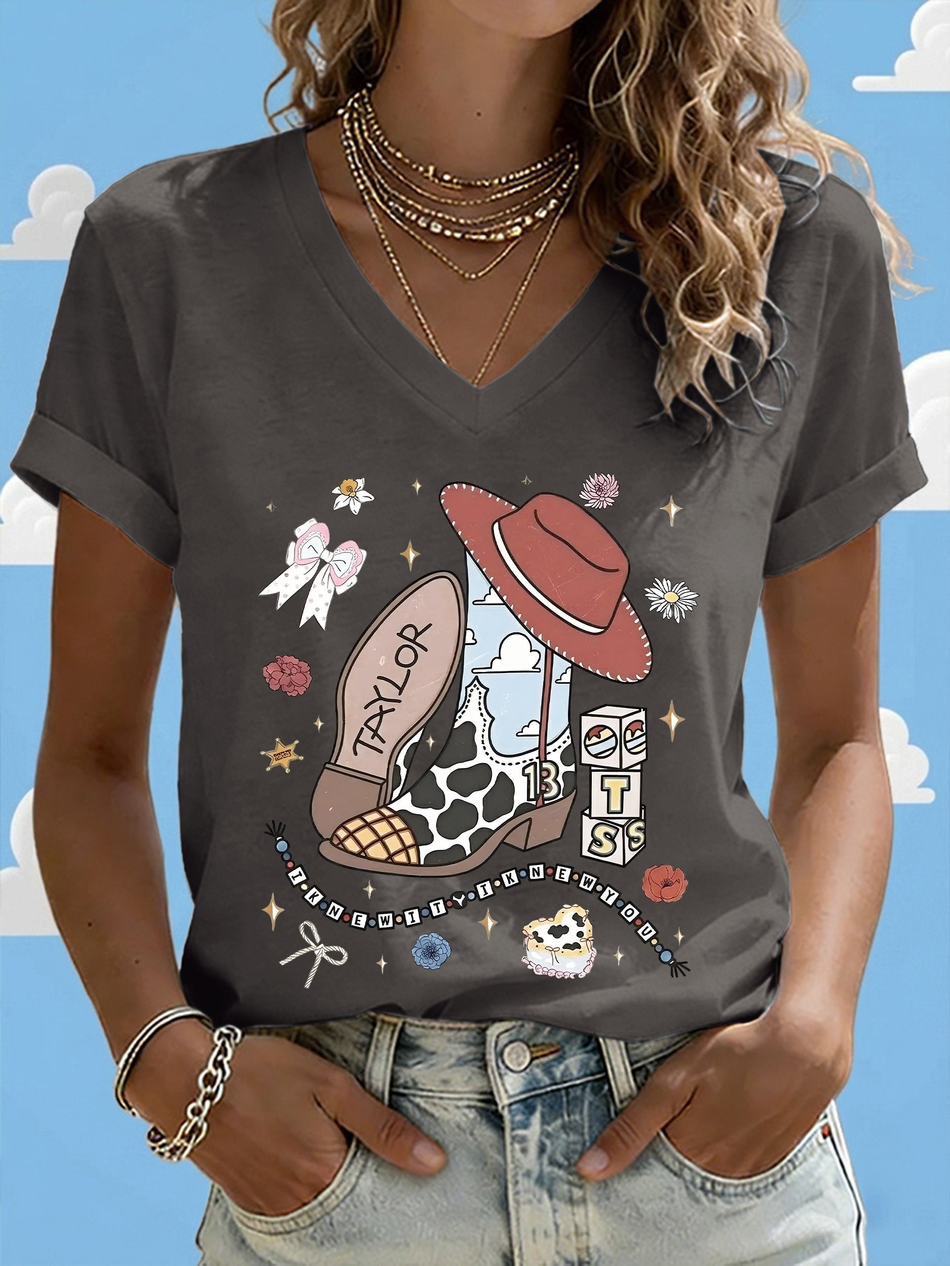 V-Neck Retro I Knew It Print T-Shirt