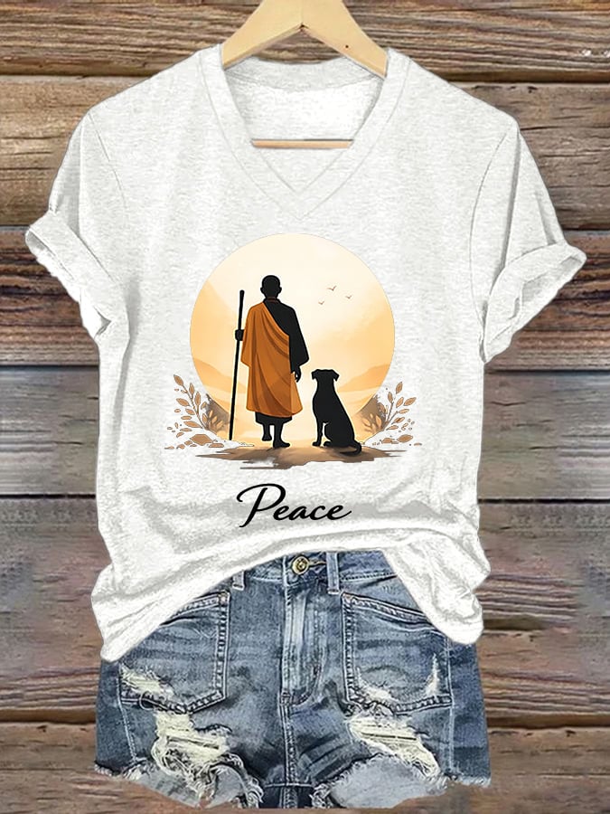 V-Neck Retro Walk For Peace Monks With Aloka Dog Print T-Shirt