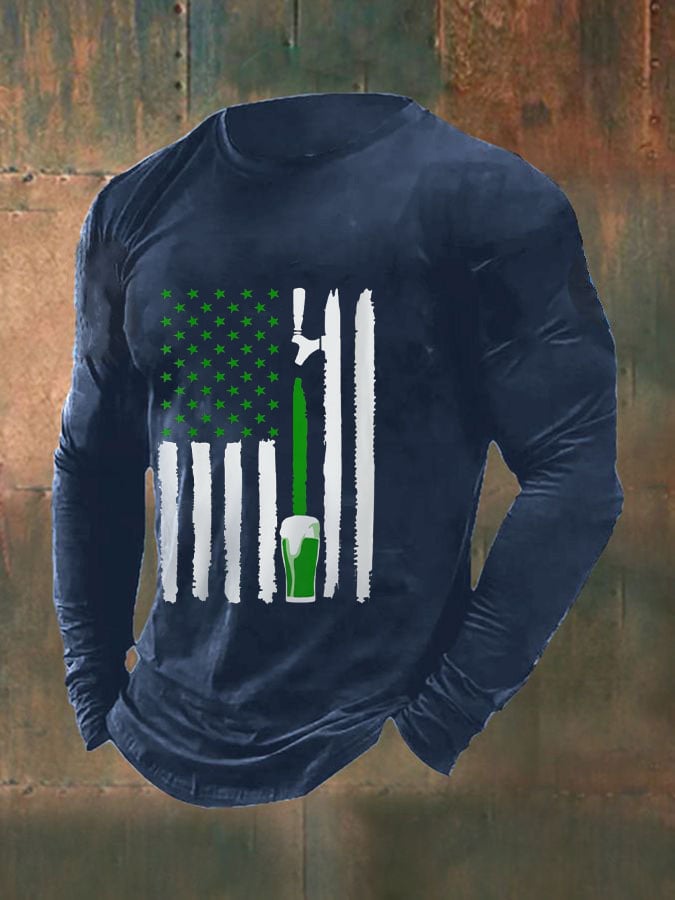 Men's Funny Green Beer Flag St. Patrick's Day Print Casual Long-Sleeve T-Shirt