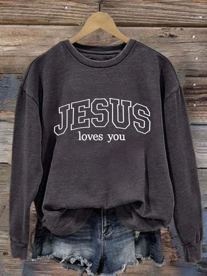 Women's Casual Jesus Loves You Printed Sweatshirt