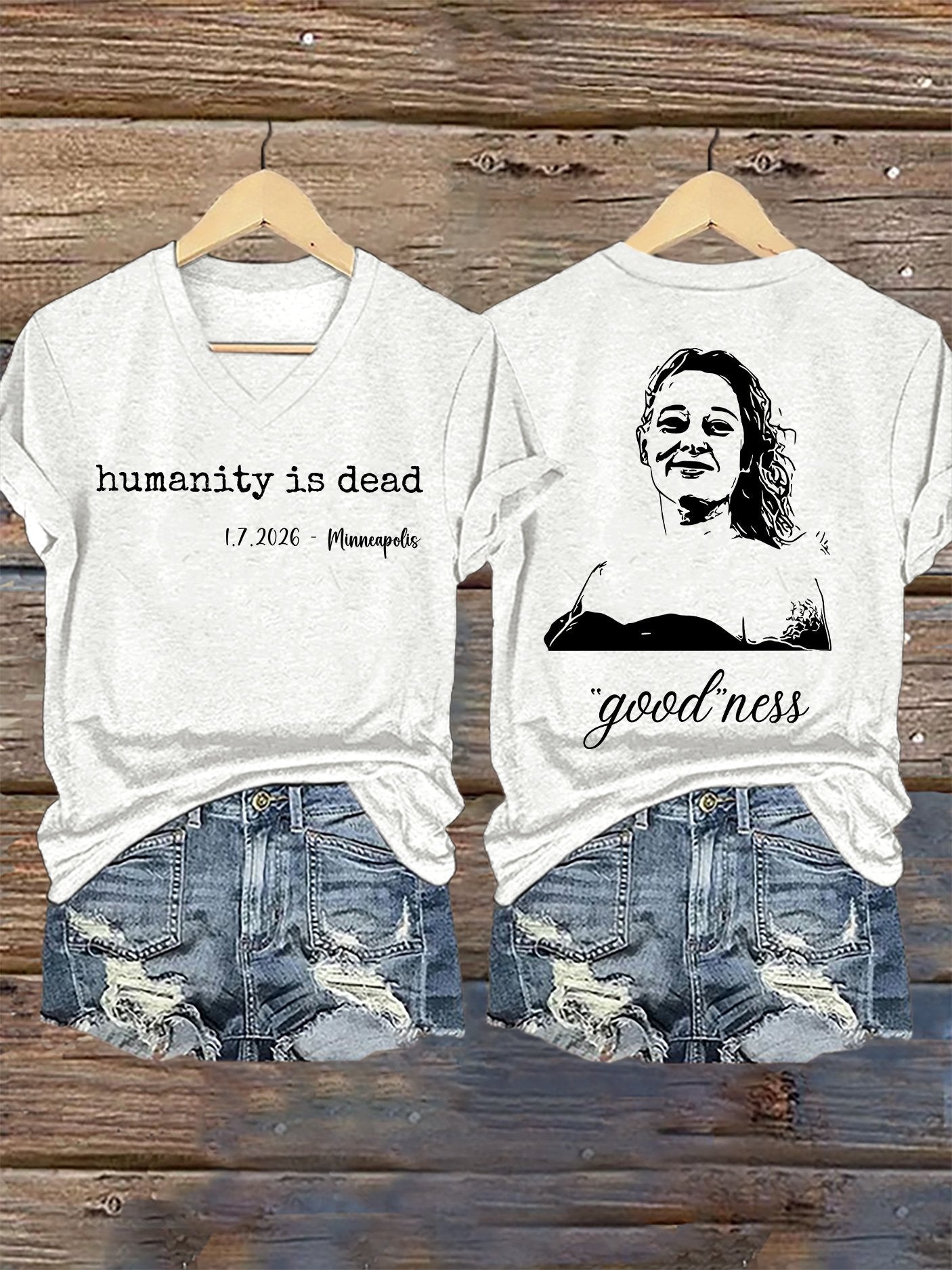 V-Neck Retro Humanity Is Dead 1.7.2026 Minneapolis Goodness Print T-Shirt