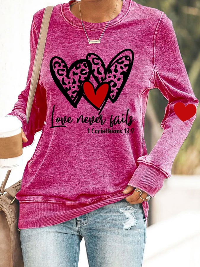 Women's Love Never Fails Heart Printed Casual Sweatshirt
