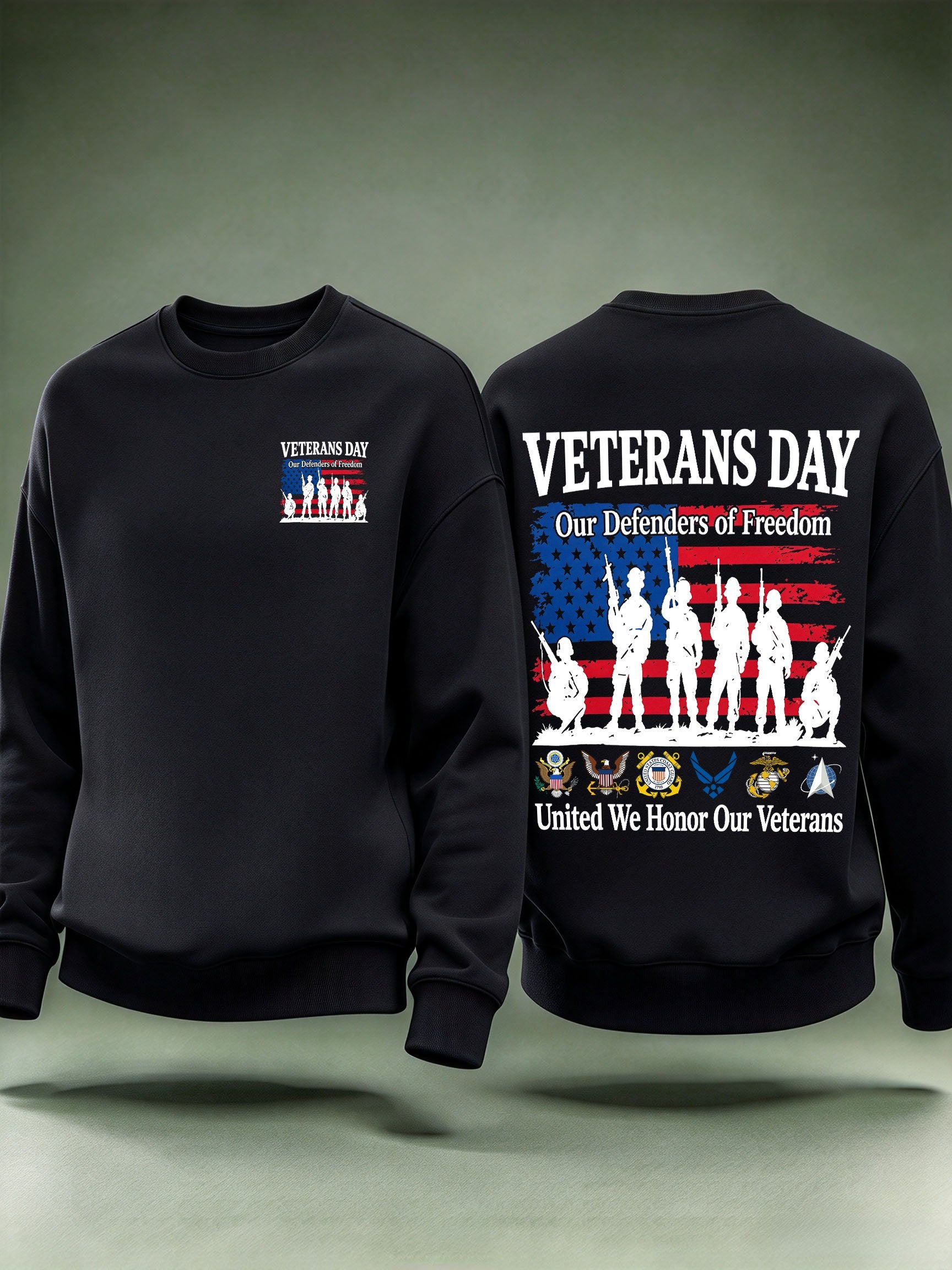 Men's Veterans Day Sweatshirt, Our Defenders of Freedom American Flag and Soldier Silhouettes