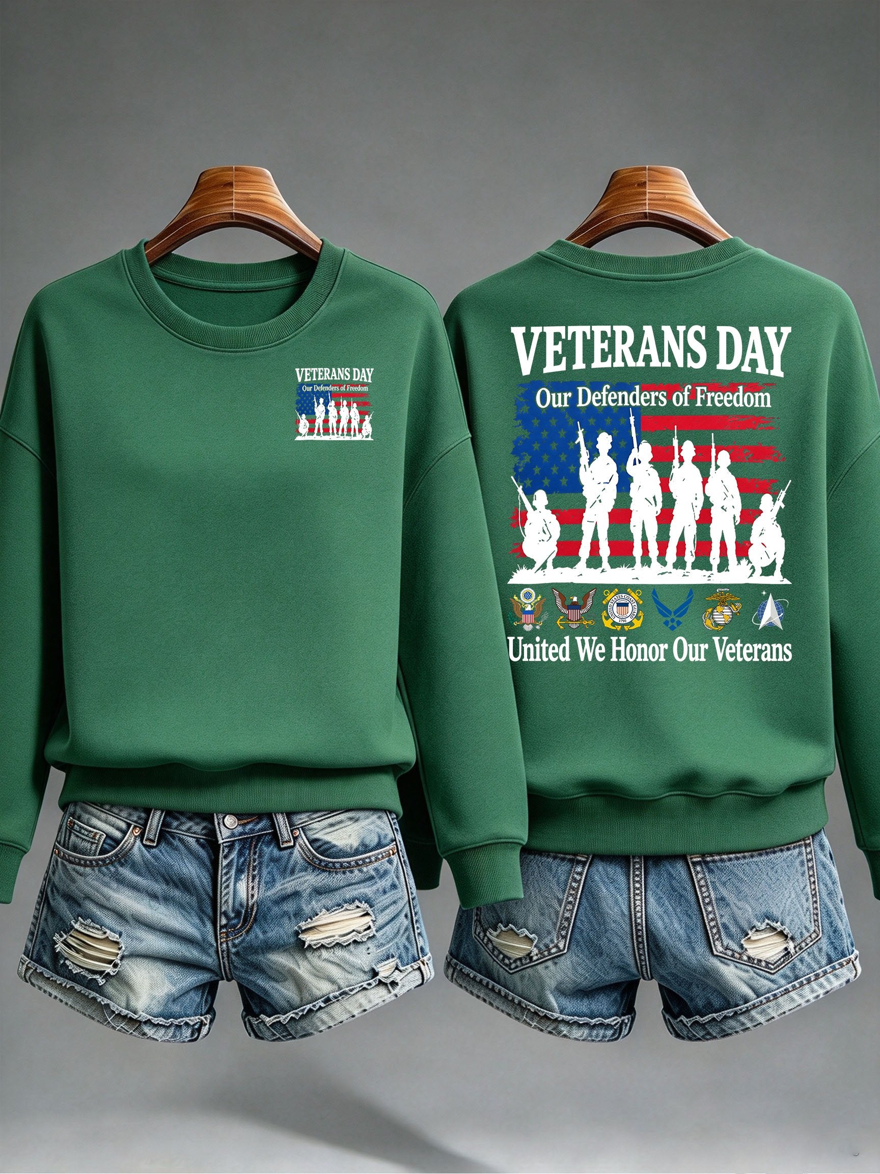 Women's Veterans Day Sweatshirt, Our Defenders of Freedom American Flag and Soldier Silhouettes