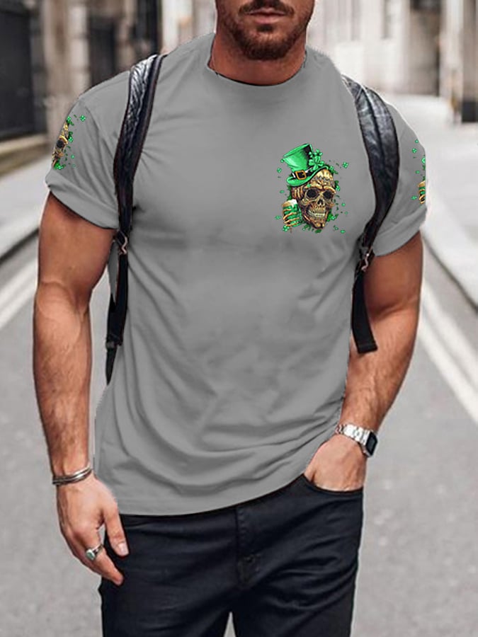 Men's St. Patricks Day St. Patricks Day Hello Darkness My Old Friend Beer Skull Print T-Shirt