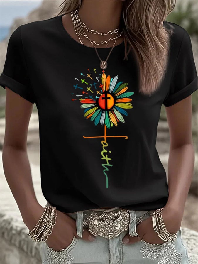 Women's Faith Sunflower Print Crew Neck Casual T-shirt