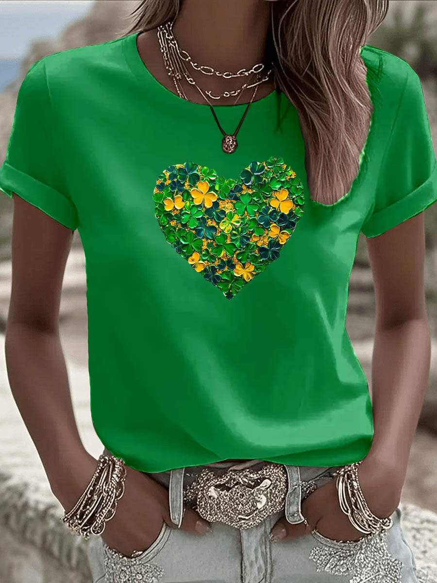 St. Patrick'S Day Heart Pattern Round-Neck 100% Cotton 180g T-Shirt