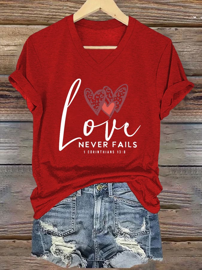 Women's Love Never Fails Printed Casual V-Neck T-Shirt