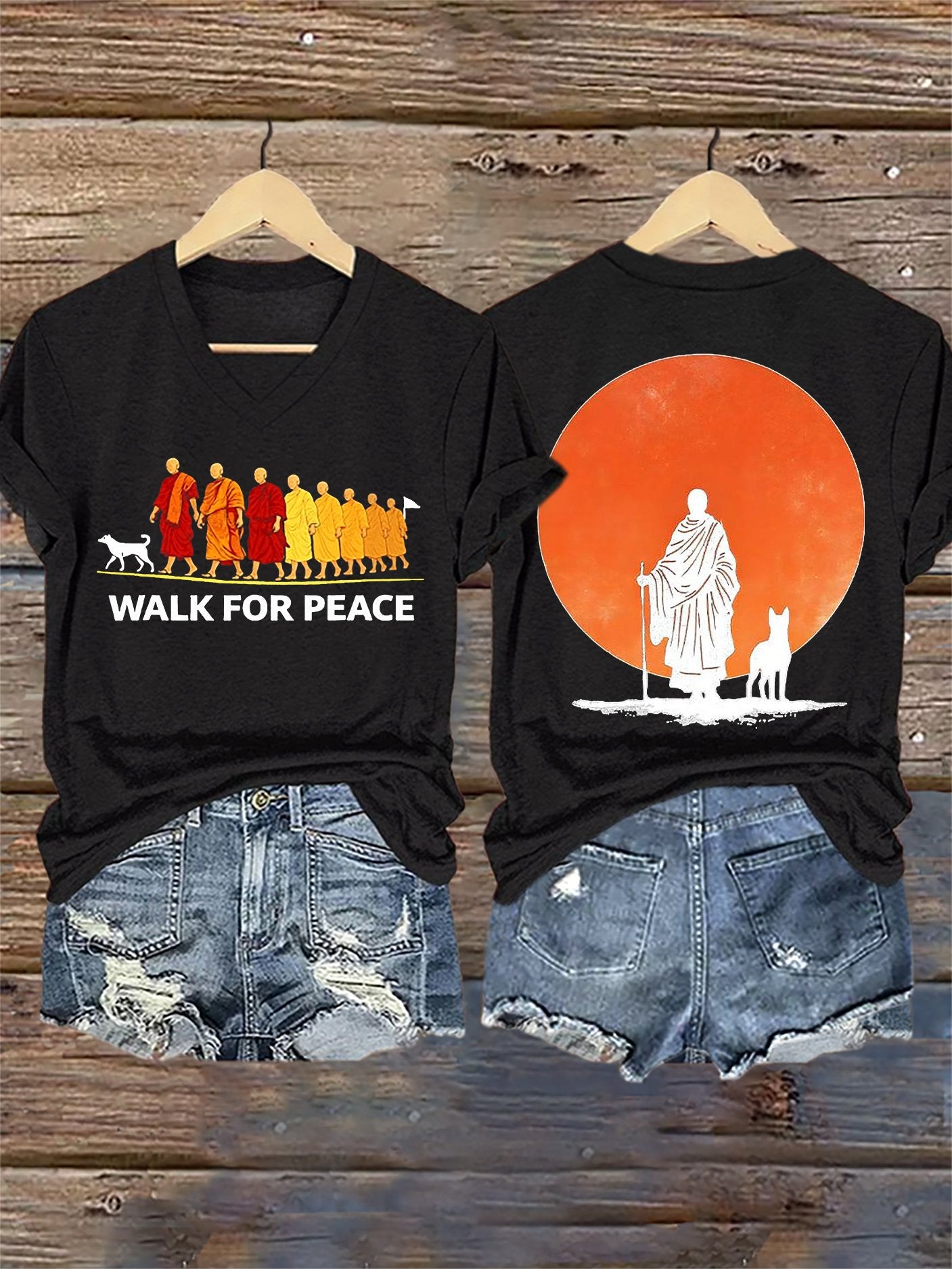 V-Neck Retro Walk For Peace Monks With Aloka Dog Print T-Shirt