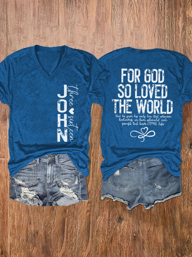 Women's John 3:16 For God So Loved The World Printed V-Neck T-Shirt
