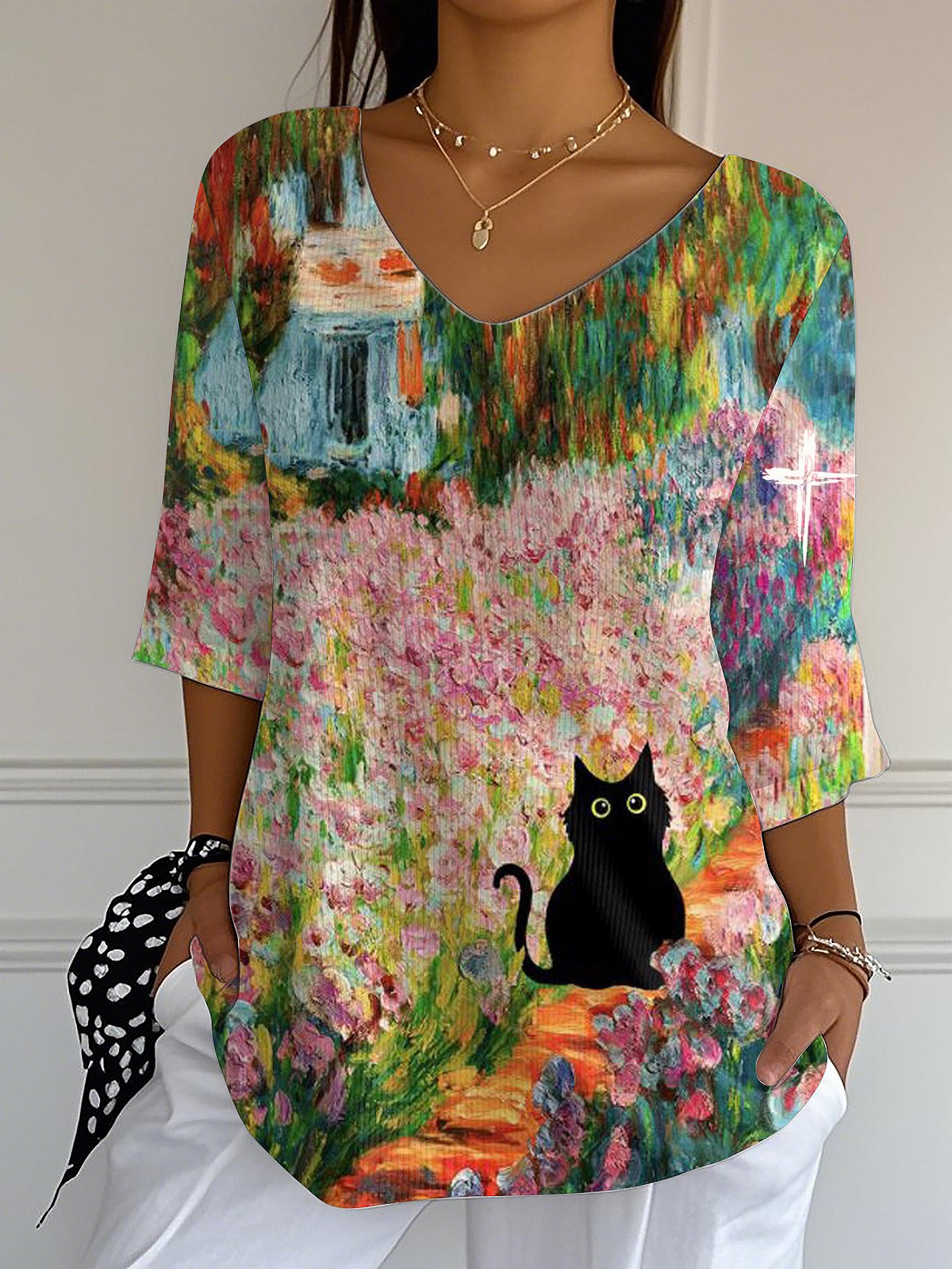 Women's Faith Cute Cat Oil Painting Style V-Neck Print Long Striped Top