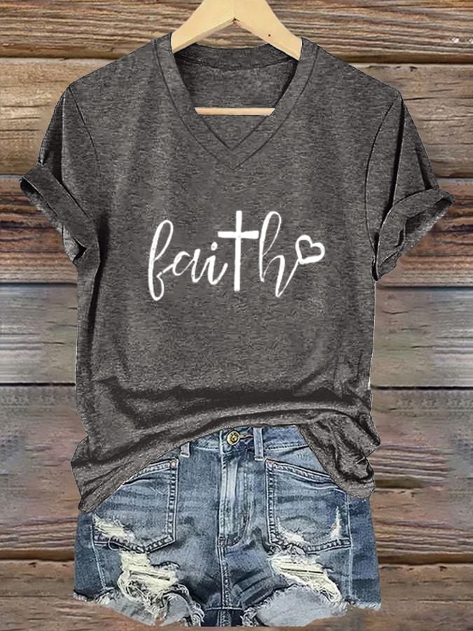 Women's Faith Cross Print Casual V-Neck T-Shirt