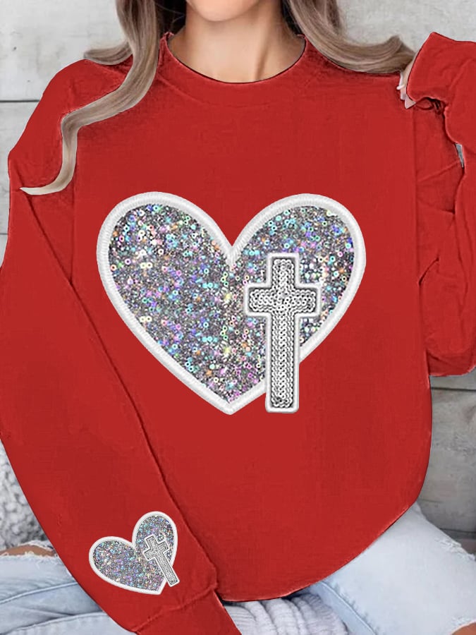 Women's Valentine's Day Love Heart Cross Printed Sweatshirt