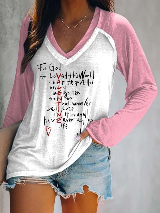 For God So Loved Color Block V-Neck Long Sleeve T-Shirt