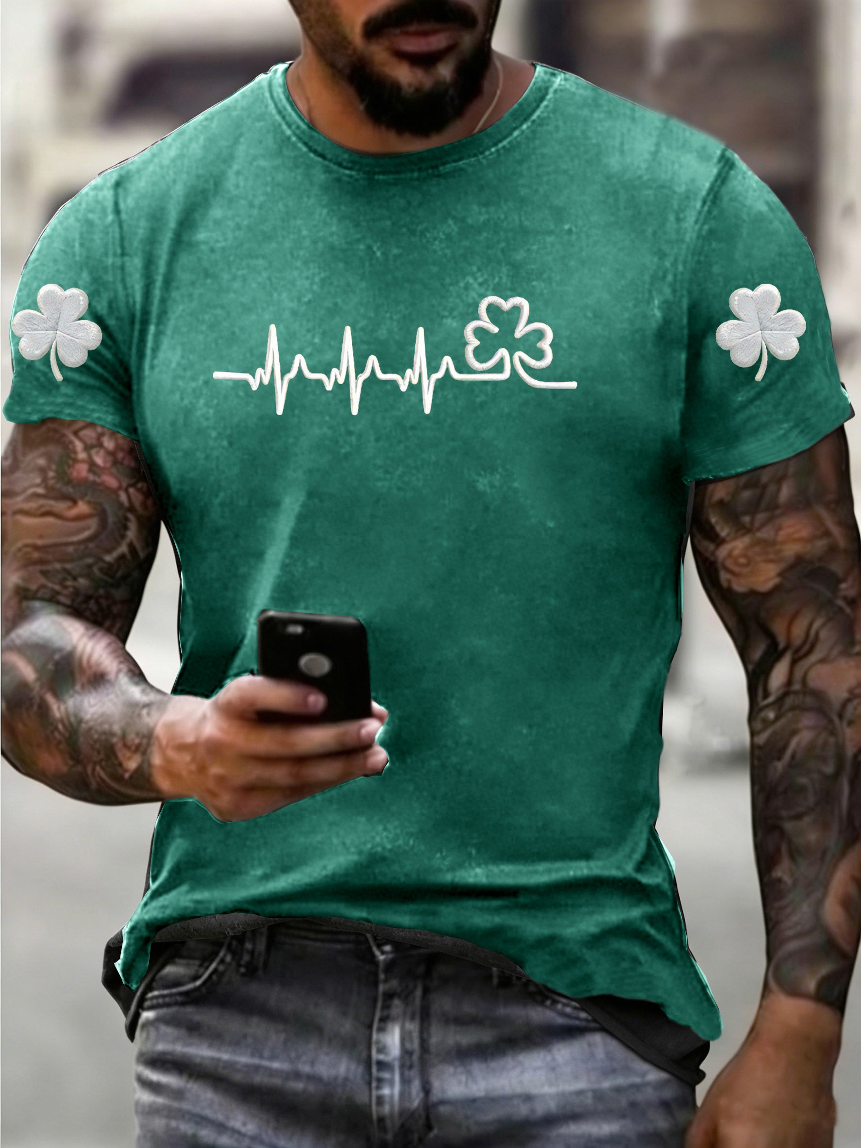 Women's St. Patrick's Day Pattern Washed Distressed Crew Neck 100% Cototon T-Shirt