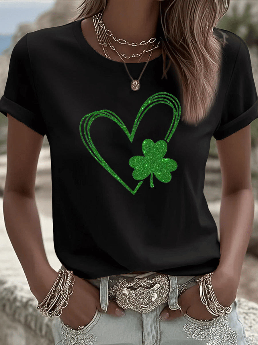 St. Patrick'S Day Heart Pattern Round-Neck 100% Cotton 180g T-Shirt