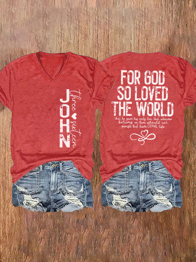 Women's John 3:16 For God So Loved The World Printed V-Neck T-Shirt