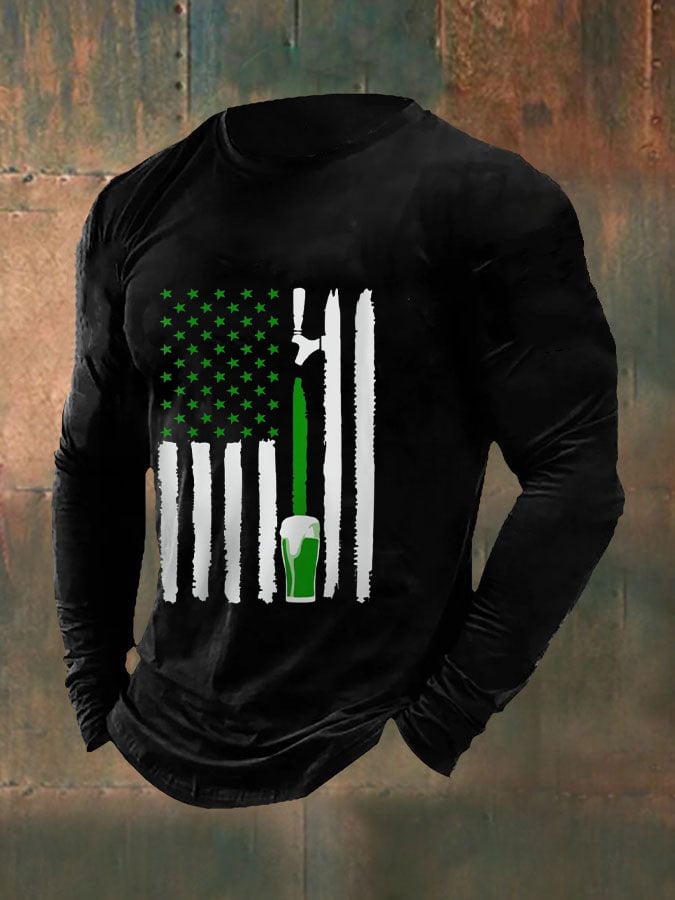 Men's Funny Green Beer Flag St. Patrick's Day Print Casual Long-Sleeve T-Shirt