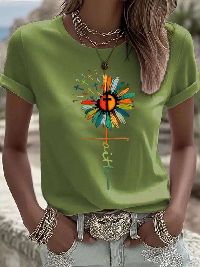 Women's Faith Sunflower Print Crew Neck Casual T-shirt