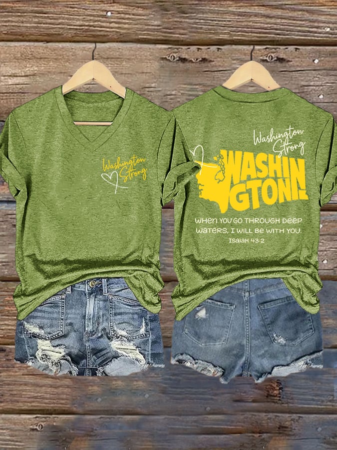 V-Neck Retro Washington Strong When You Go Through Deep Waters, I Will Be With You Isaiah 43:2 Print T-Shirt