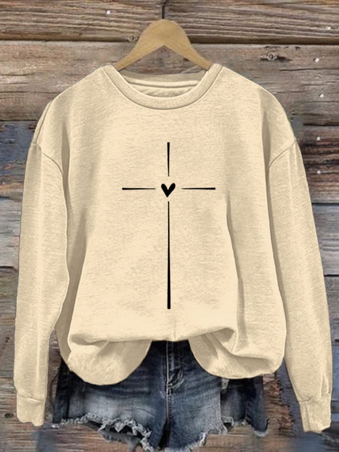 Women's Christian Cross Printed Round Neck Long Sleeve Sweatshirt