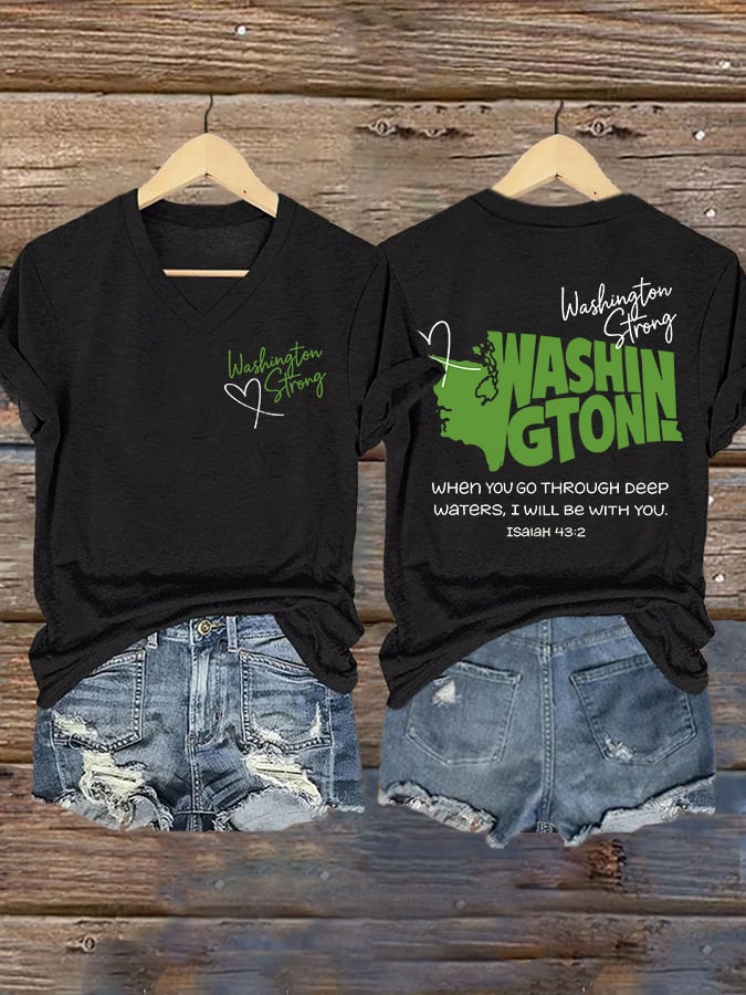 V-Neck Retro Washington Strong When You Go Through Deep Waters, I Will Be With You Isaiah 43:2 Print T-Shirt